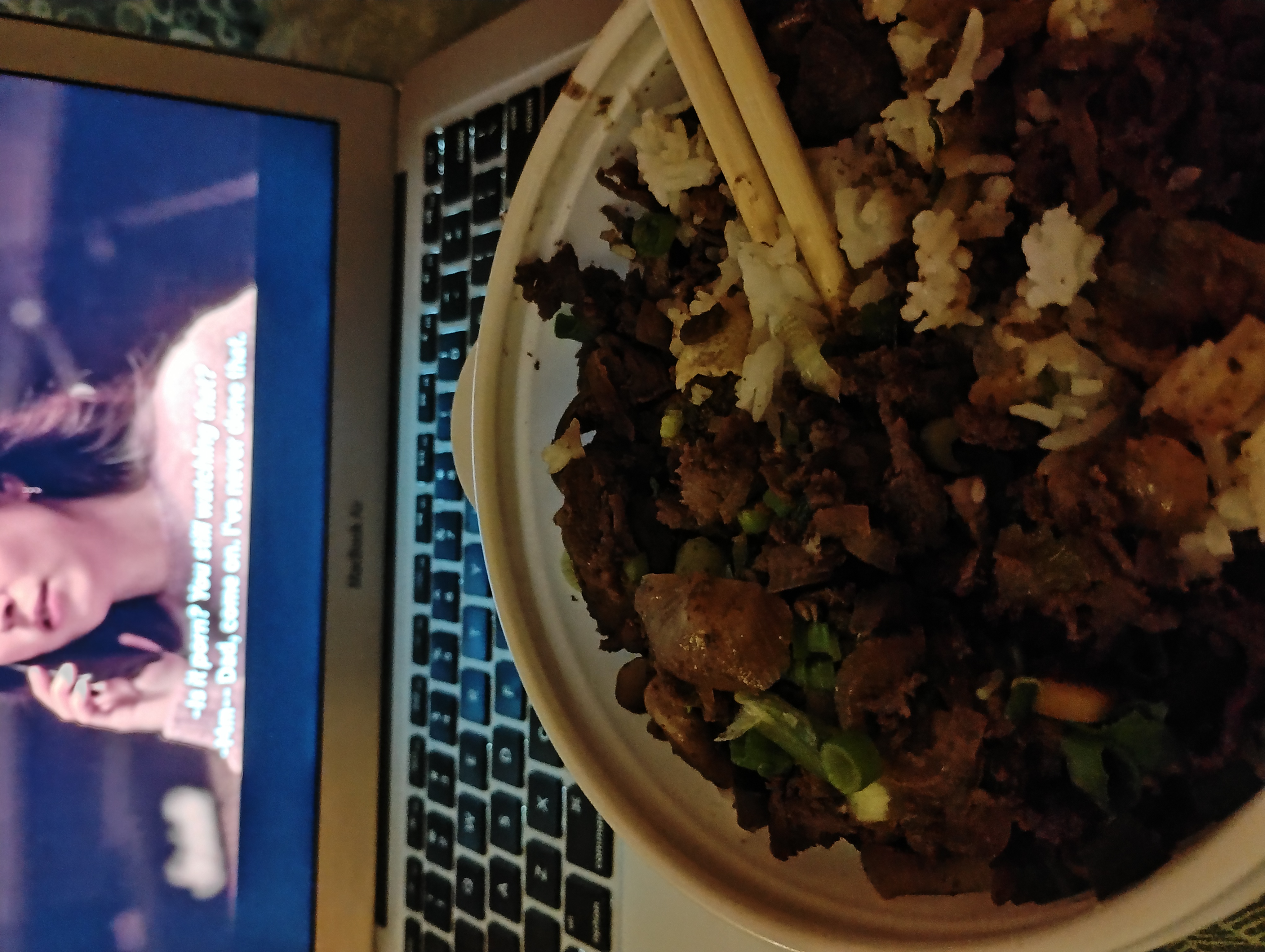 bulgogi, kimchi, and sticky rice with 20th century girl playing in the background